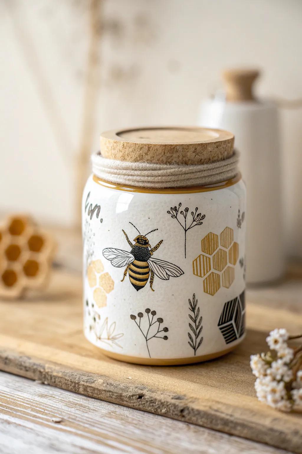 Sweet simplicity: Honey jar with delicate bee and honeycomb motifs.