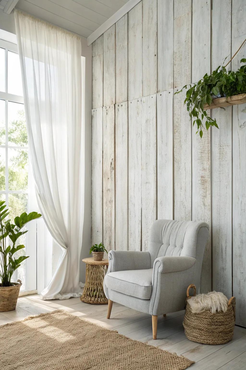 Transform your space with the breezy elegance of whitewashed wood paneling. Perfect for a serene, coastal vibe.