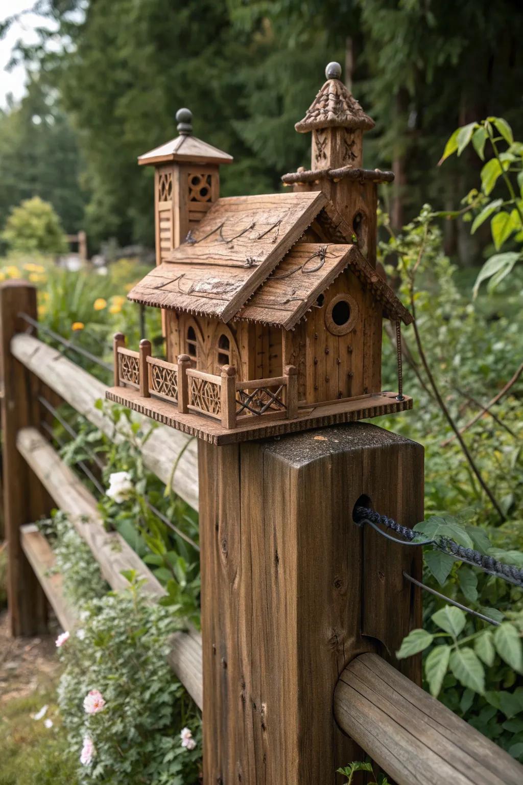 Elevate your garden with a handcrafted birdhouse on a rustic post—where practicality meets charm.