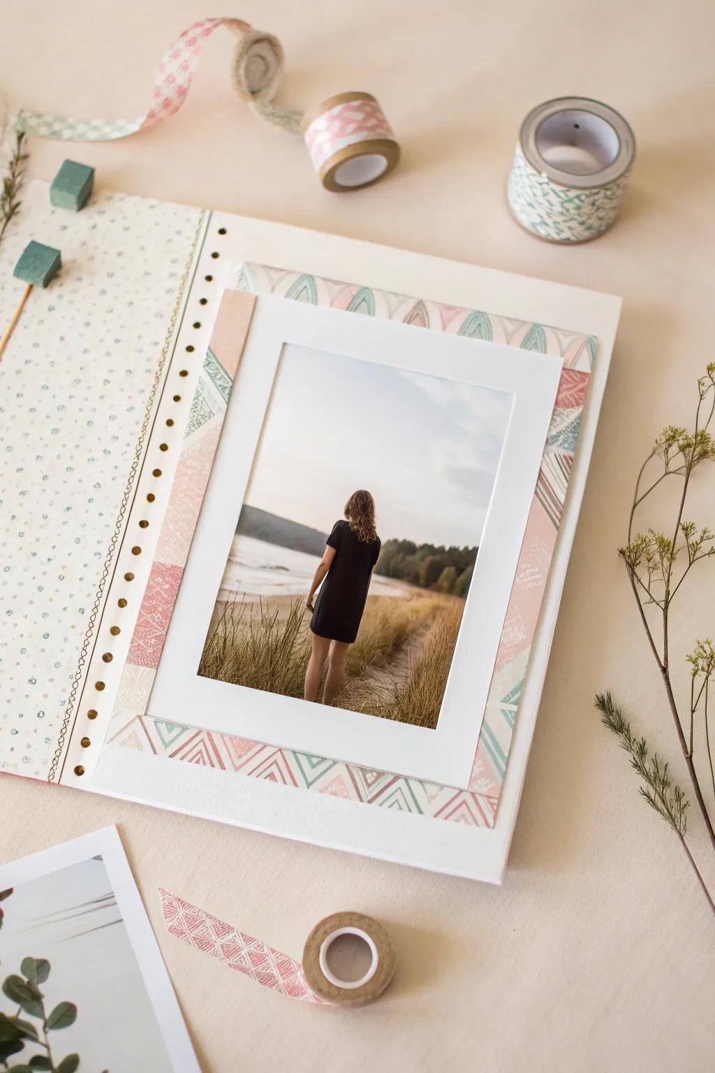 Elevate your scrapbook with chic washi tape accents for an artful touch.