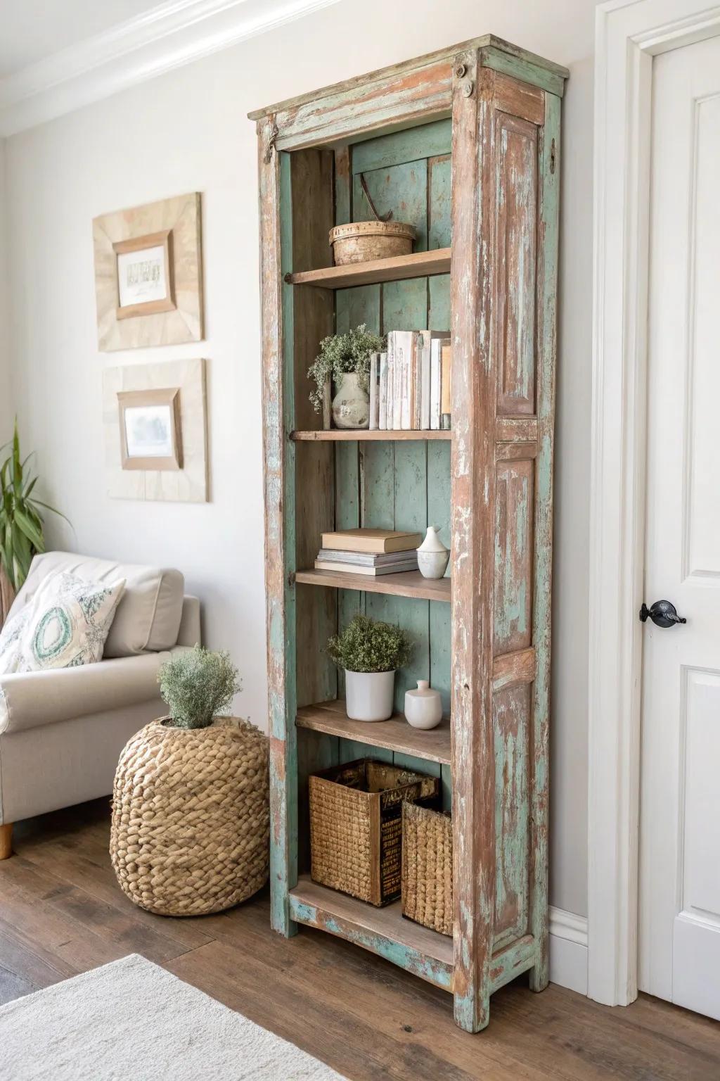 Transform the past into a captivating centerpiece with this rustic bookshelf crafted from an old door. Perfect for your minimalist-boho space!