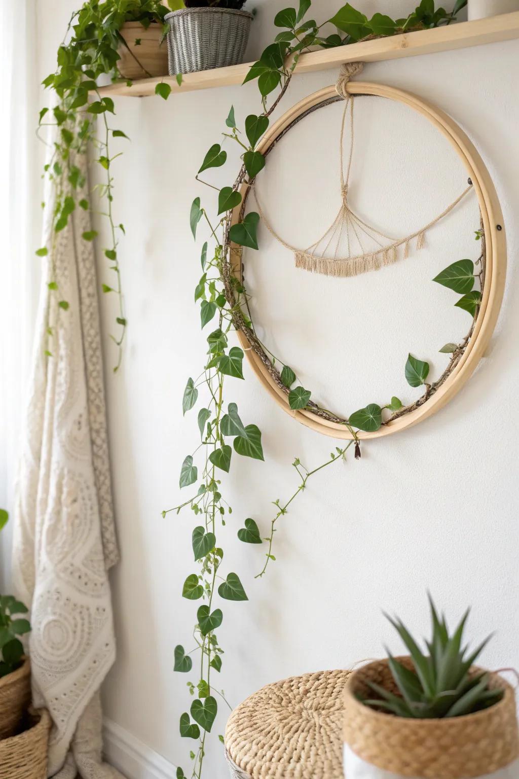 Transform your space with a charming embroidery hoop trellis, where simplicity meets natural beauty.