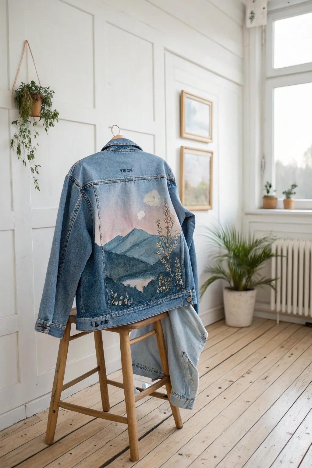 Transform your jean jacket into a masterpiece with serene back art. Embrace the beauty of simplicity and craftsmanship.
