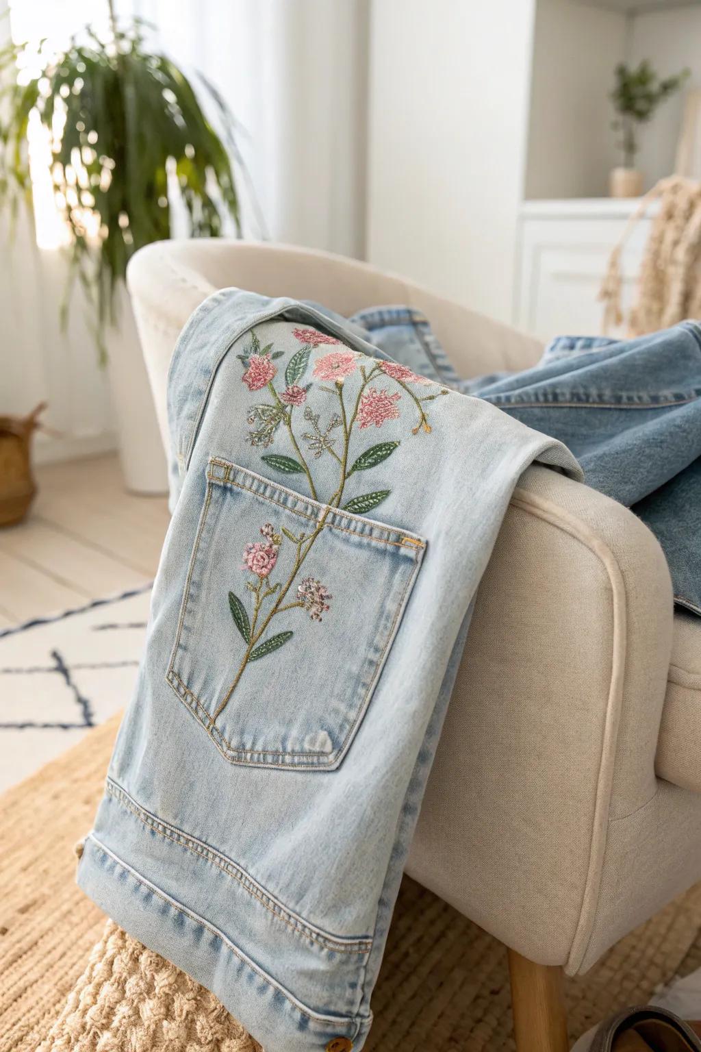 Elevate your denim game with a touch of handcrafted elegance. 🌸 #EmbroideredJeans #ScandiBohoStyle
