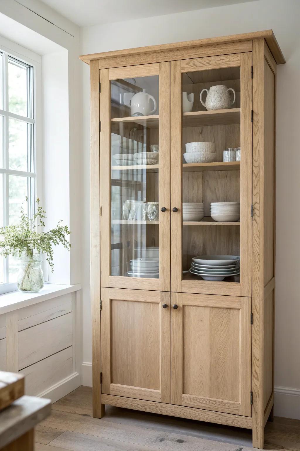 Transform your kitchen with the airy elegance of glass-front cabinets.