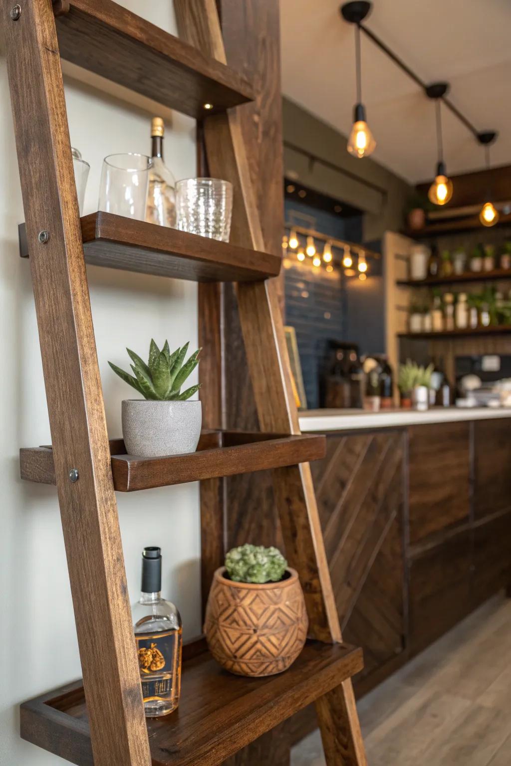 Elevate your home bar with a touch of greenery and unique decor—where craftsmanship meets style.