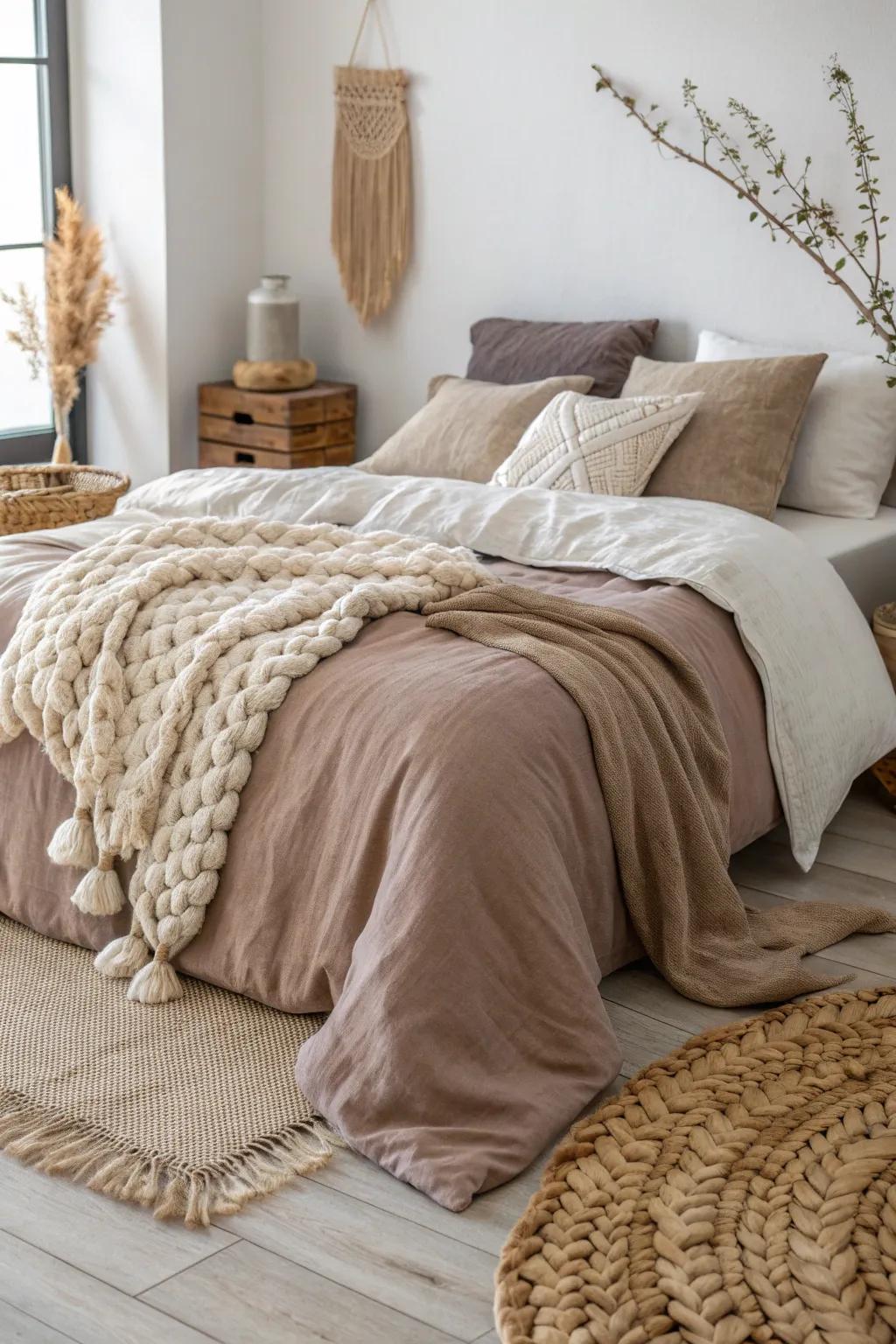 Transform your bedroom into a cozy retreat with layered textiles and natural tones.