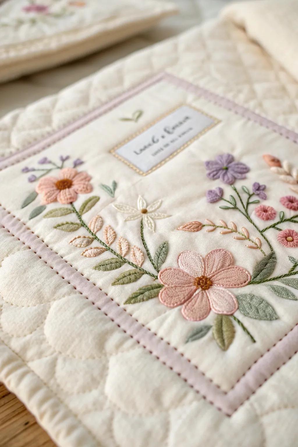 Embrace nature's charm with floral elegance on your memory quilt label.