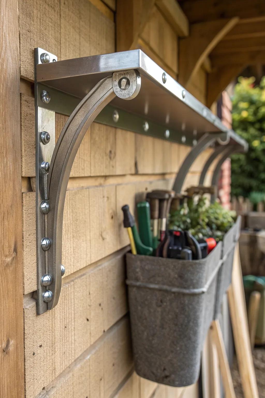 Elevate your shed's organization with sleek, robust wall brackets designed for the toughest tasks.