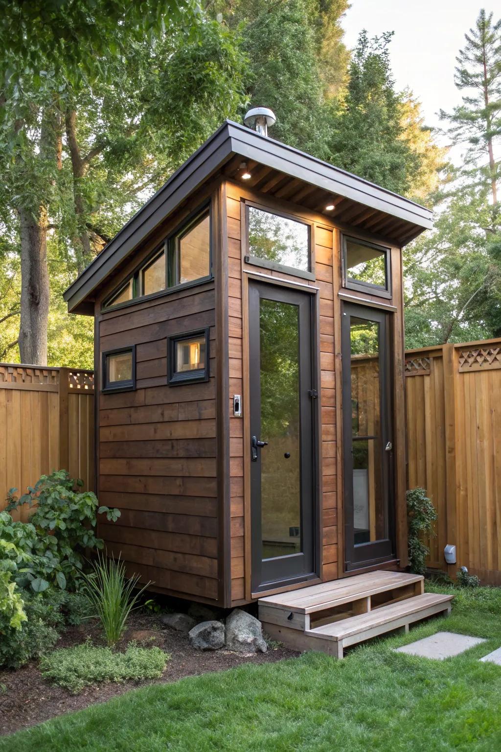 Experience the art of compact comfort with a modern outhouse that combines style and functionality.