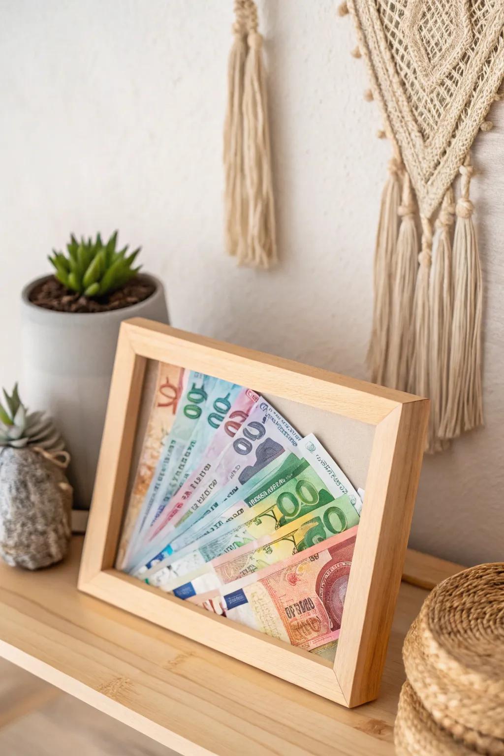 Capture your travel adventures with a beautifully crafted currency frame, a passport of memories on your wall.
