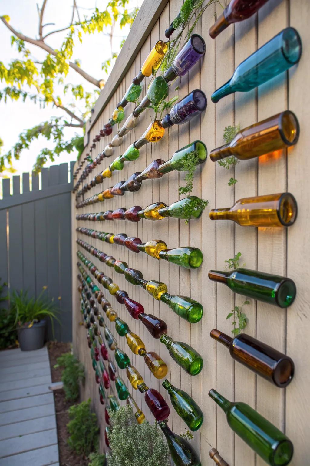 Transform your outdoor space with a stunning glass bottle wall—where simplicity meets artistry.