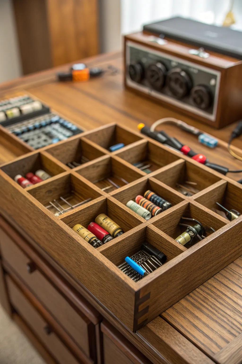 Elevate your workspace with bespoke wooden drawer dividers, merging functionality with artistry.