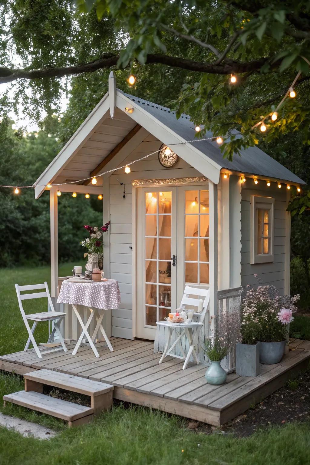 A cozy playhouse porch perfect for whimsical tea parties and imaginative storytelling.