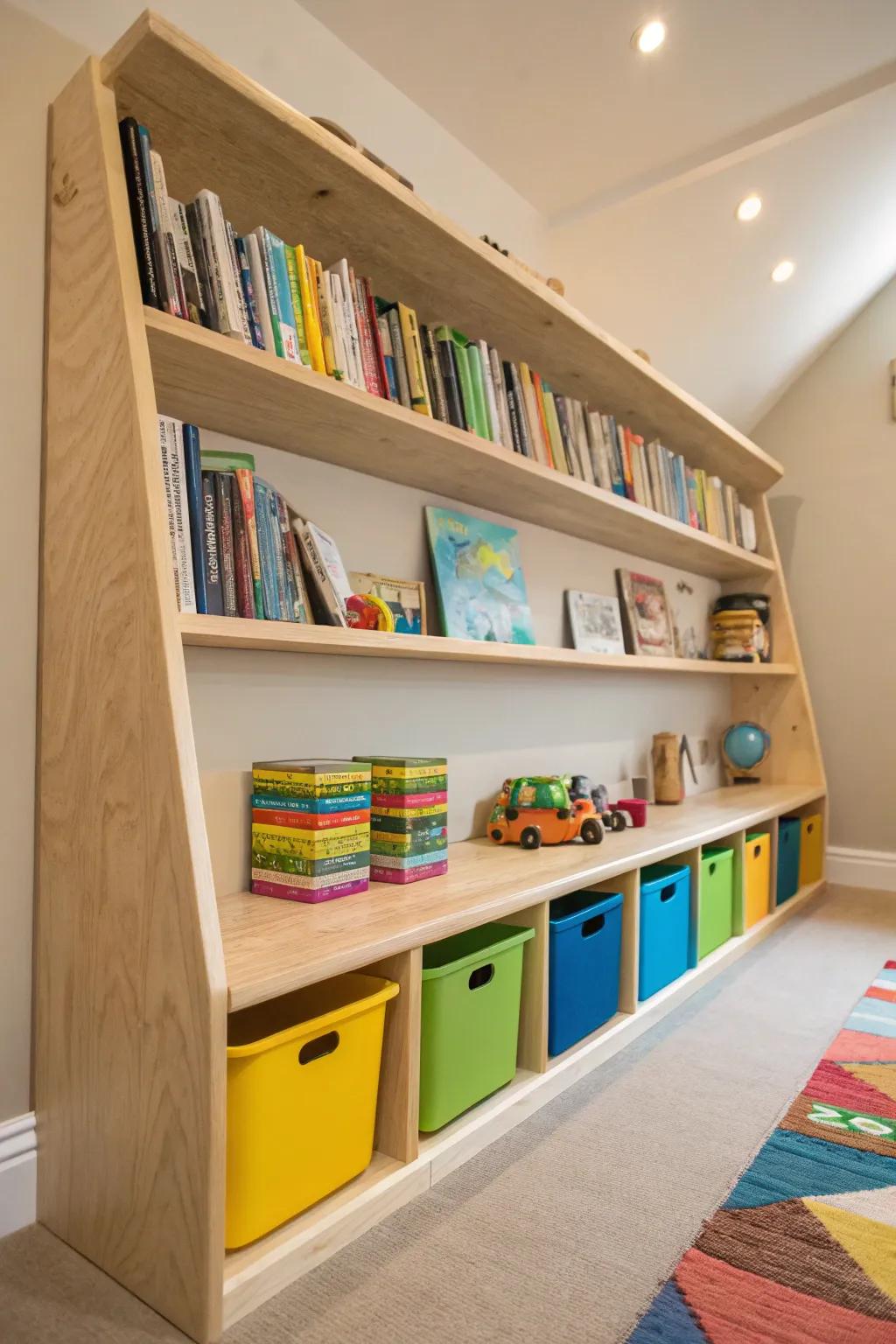 Sturdy style meets playful function with these kid-friendly plywood shelves.