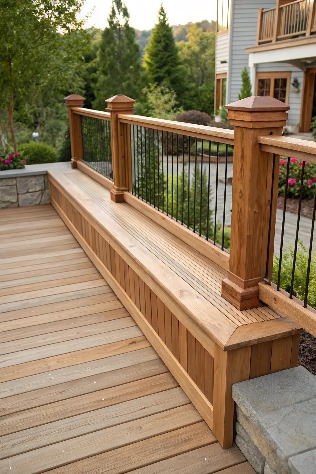 Elevate your deck with a railing that doubles as a sleek seating solution, perfect for gatherings and relaxation.