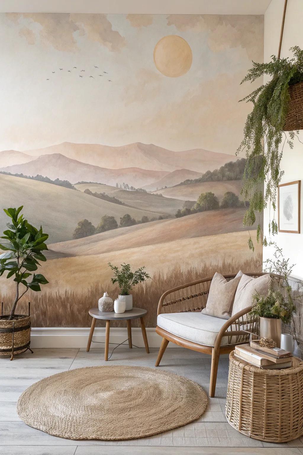 Bring nature indoors with a stunning rustic landscape mural that transforms your space into a serene escape.