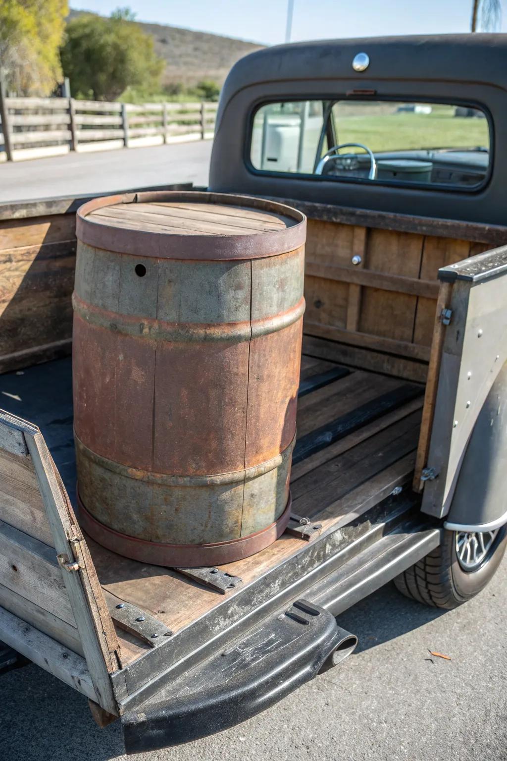 Crafted from history, this rat rod truck bed turns old barrels into a statement of style and utility.