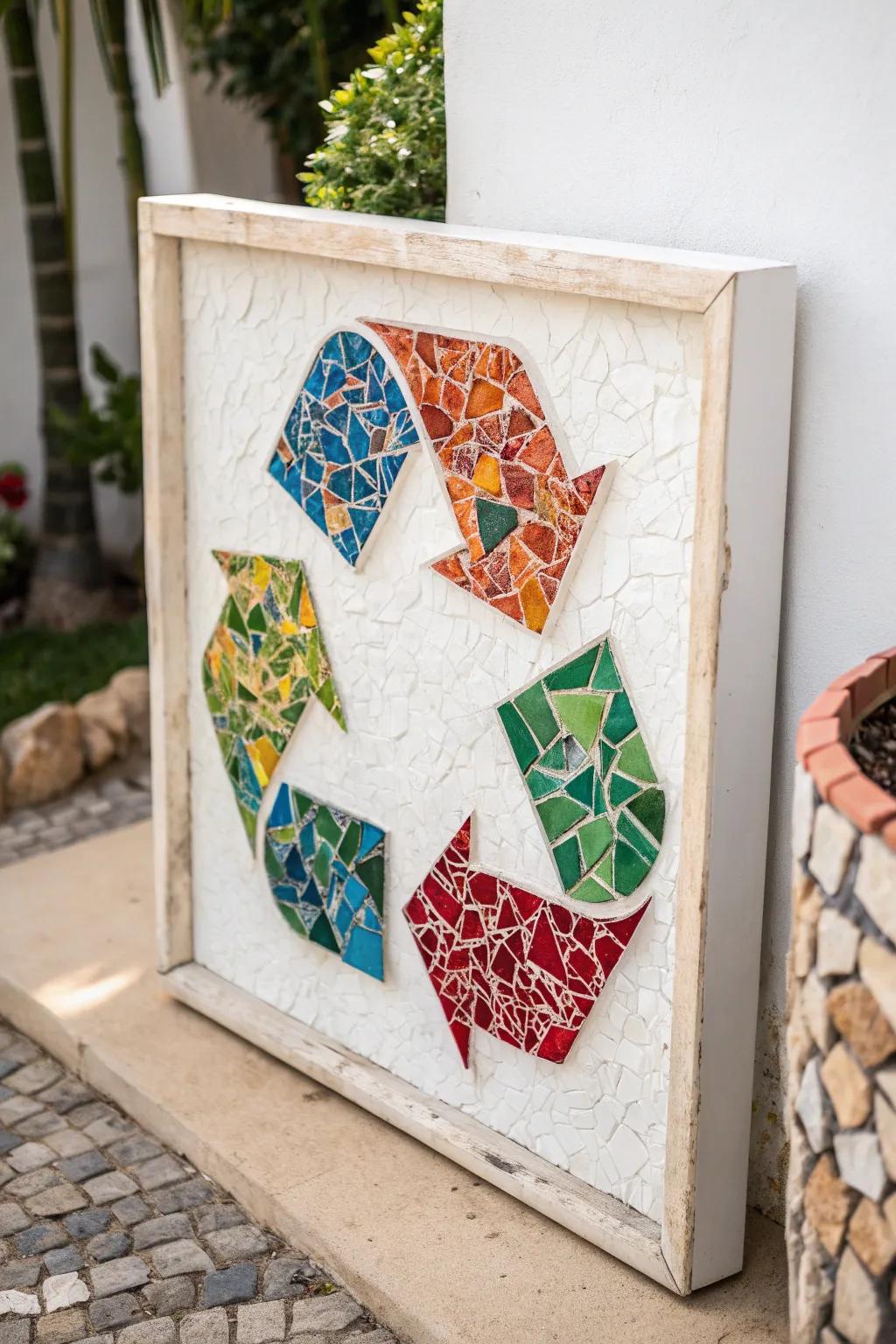 Transform scraps into stunning art! This vibrant recycling symbol mosaic is a chic nod to sustainability and creativity. #EcoChic #MinimalistArt