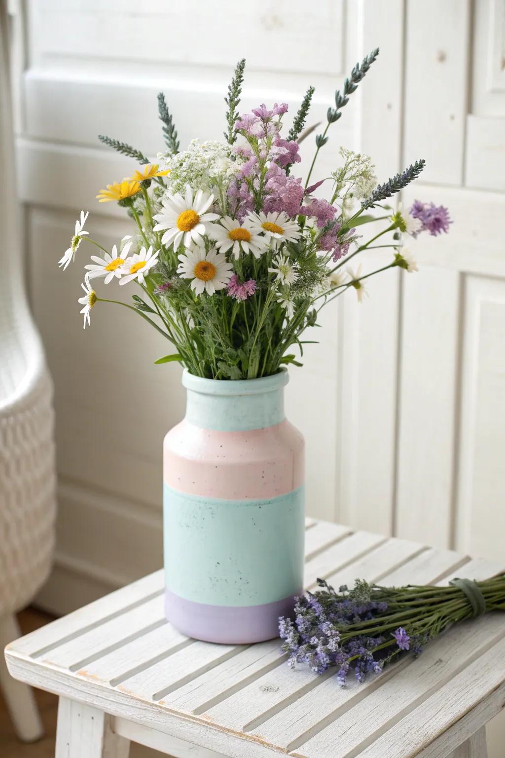 Transform your kitchen with a touch of boho elegance—repurposed coffee creamer vases filled with vibrant blooms.