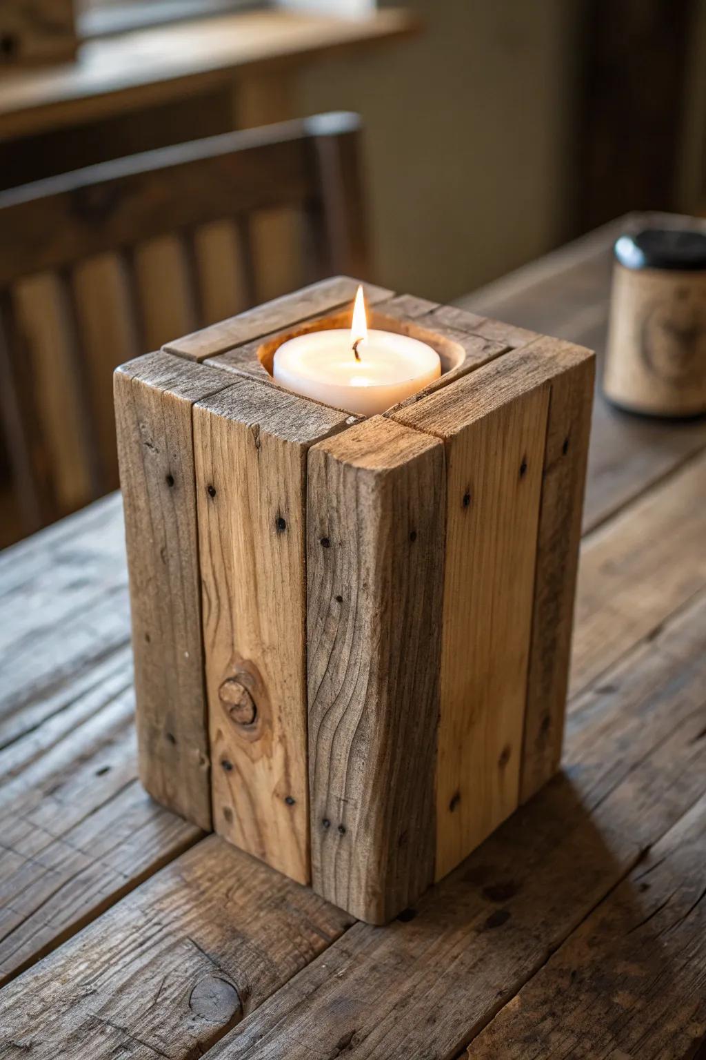 Illuminate your space with the rustic charm of handmade wooden candle holders.