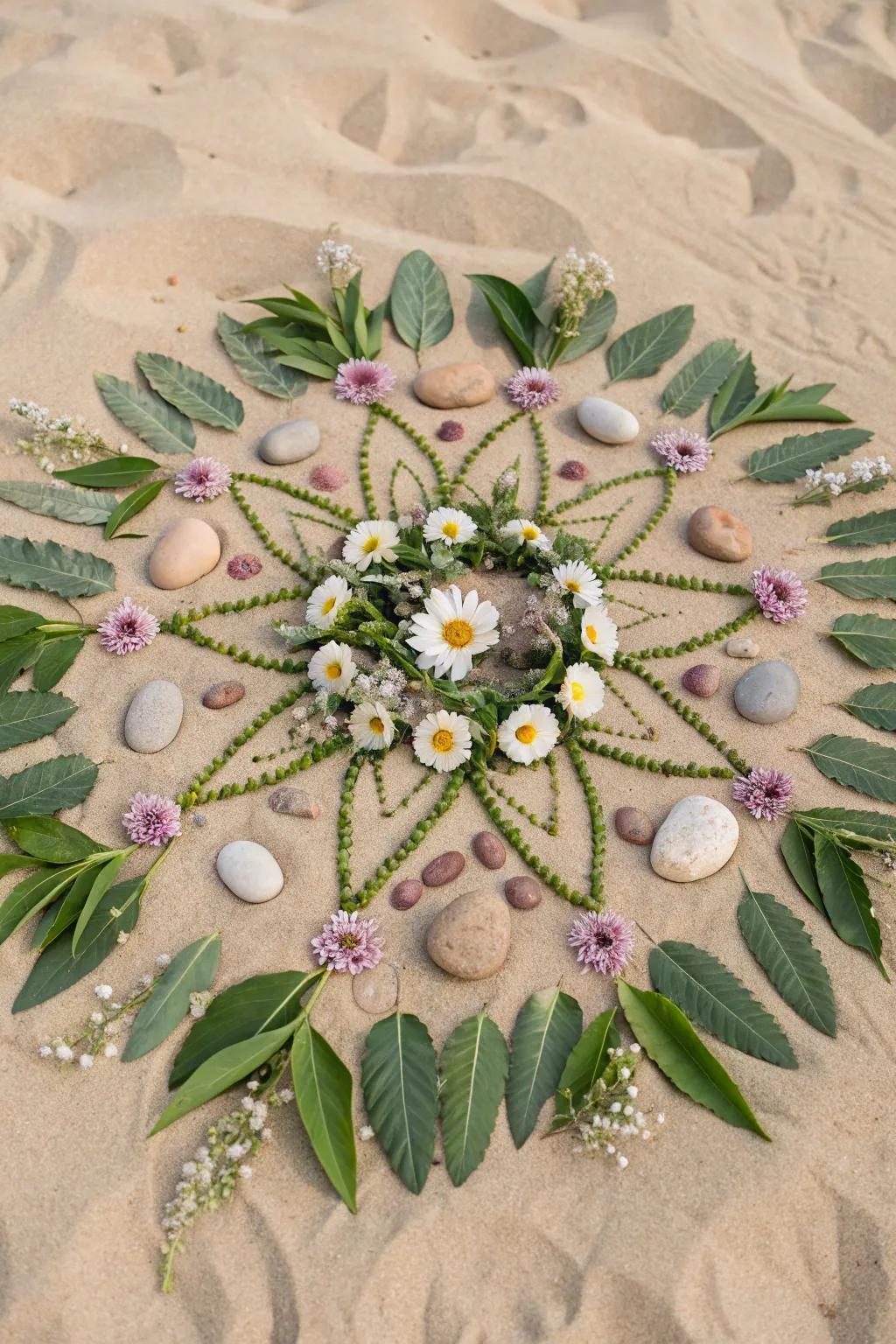 Embrace simplicity and natural beauty with a handcrafted mandala of leaves, flowers, and stones. 🌿✨ #ScandinavianDesign #BohoChic