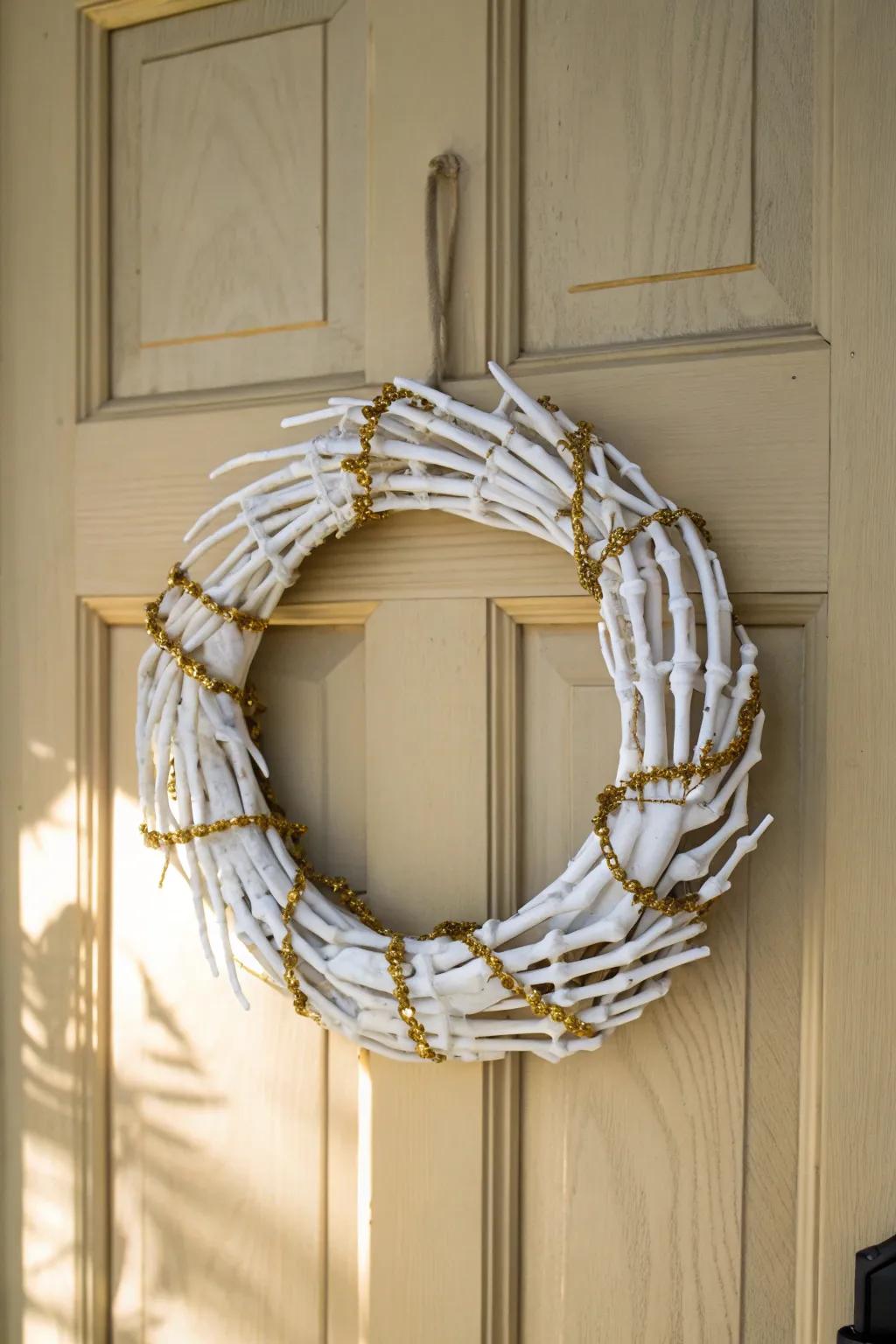 Elevate your front door decor with a touch of spooky elegance—this Skeleton Hand Wreath blends minimalist charm with boho flair.