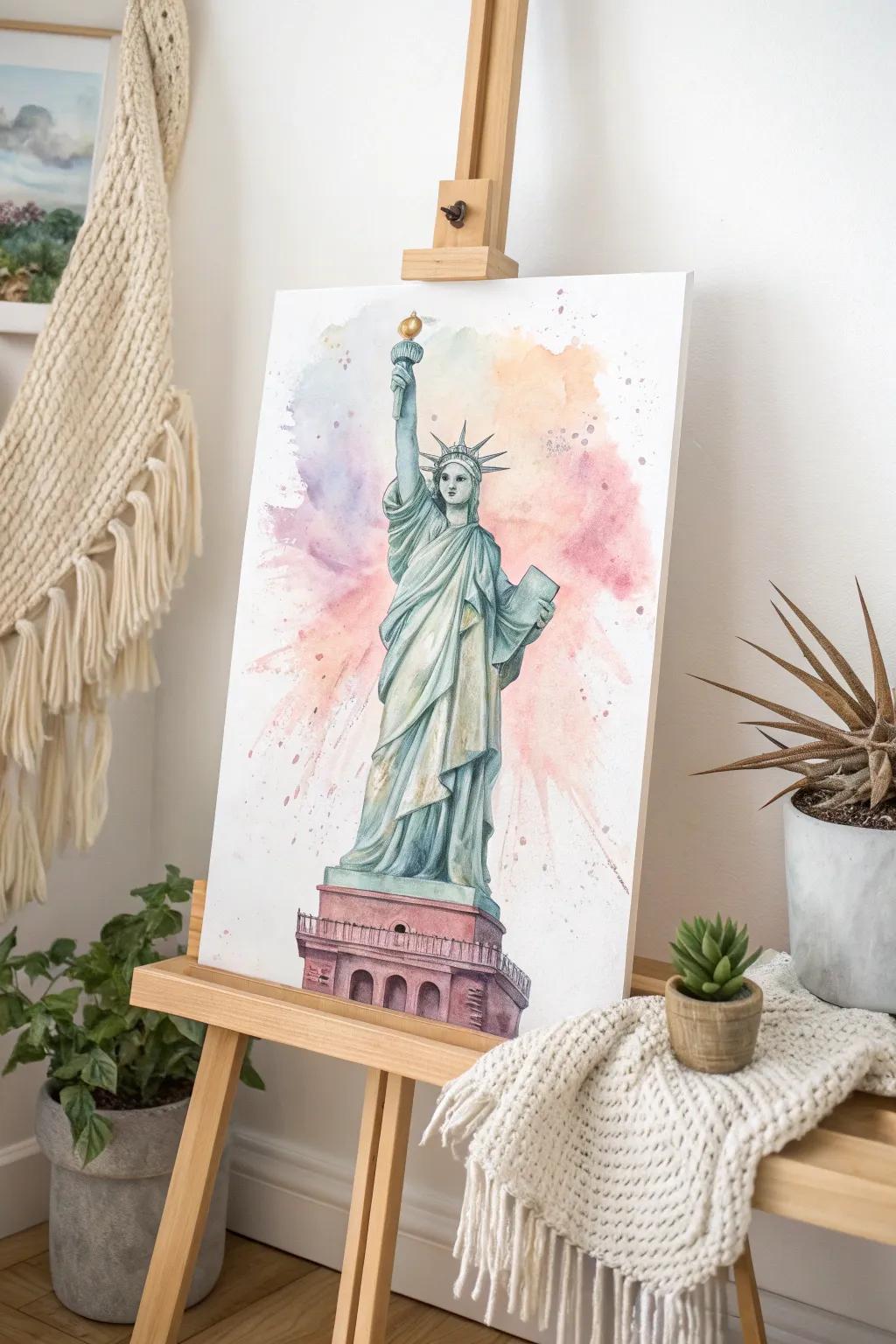 Elevate your space with a watercolor wonder of Lady Liberty, where simplicity meets artistic flair.