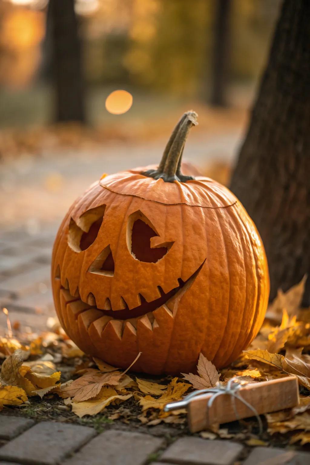 Craftsmanship meets humor: A masterfully carved pumpkin with a twist.