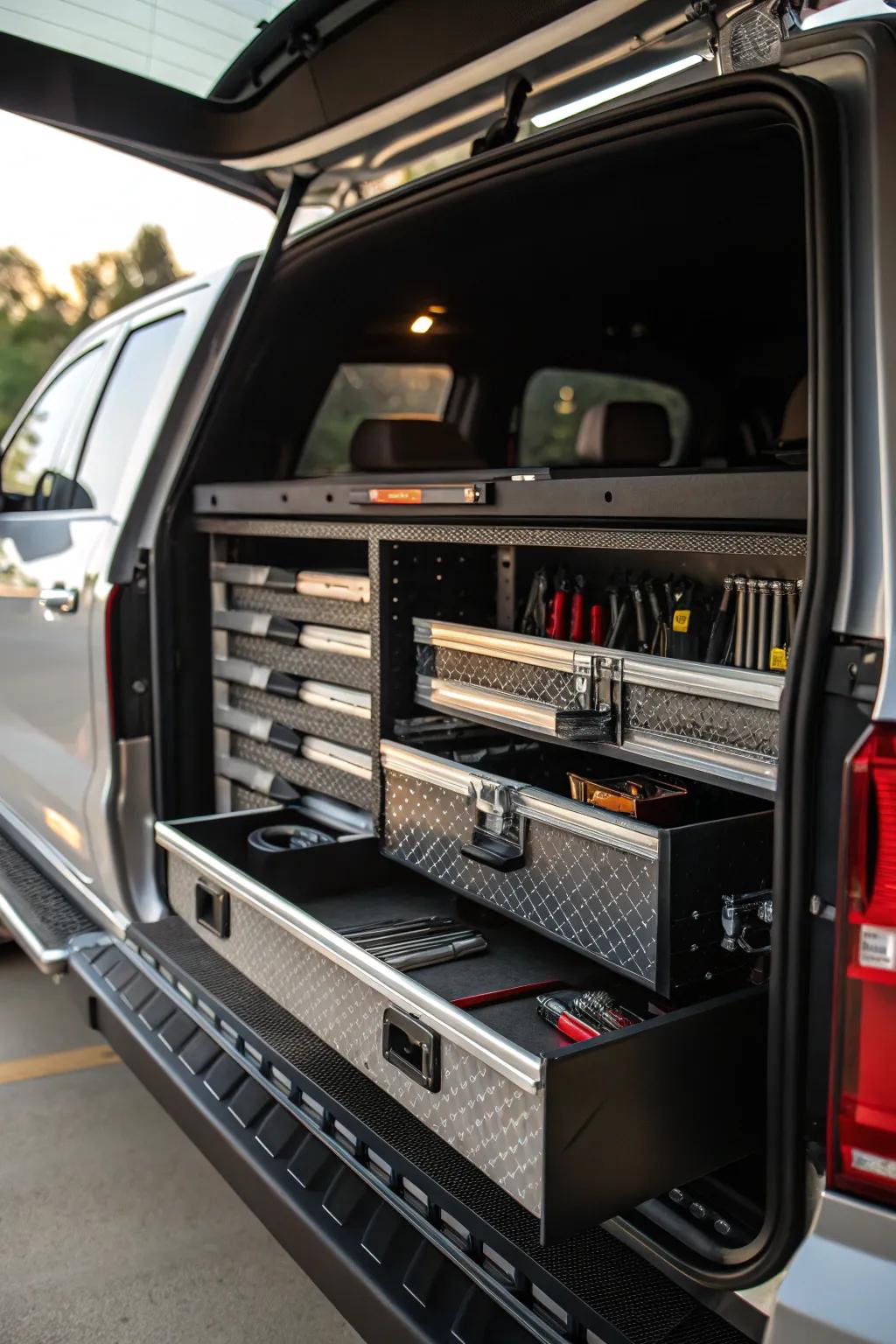 Transform your SUV into a mobile workshop with expertly crafted heavy-duty shelving.