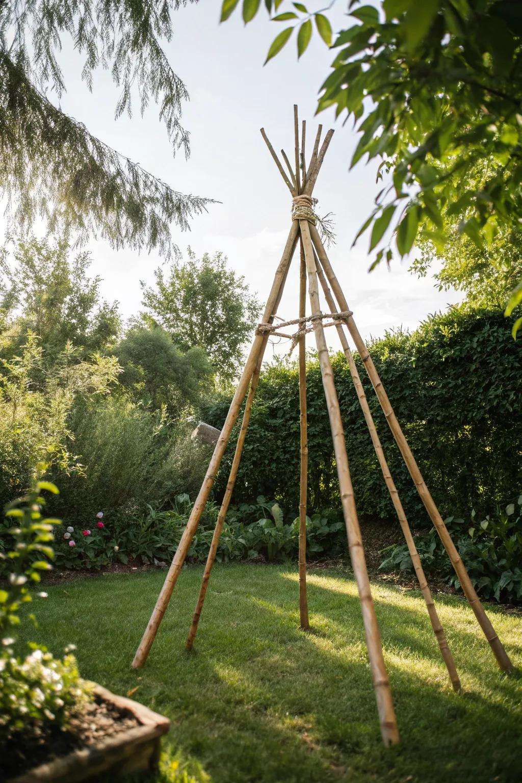 Elevate your garden's charm with a whimsical bamboo teepee trellis—where simplicity meets natural elegance.
