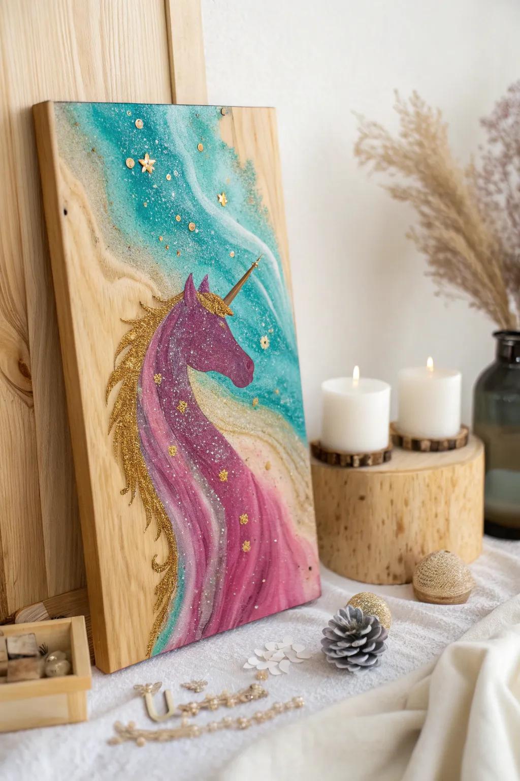 Bring art into your home with stunning unicorn spit designs on wood, where simplicity meets vibrant creativity.