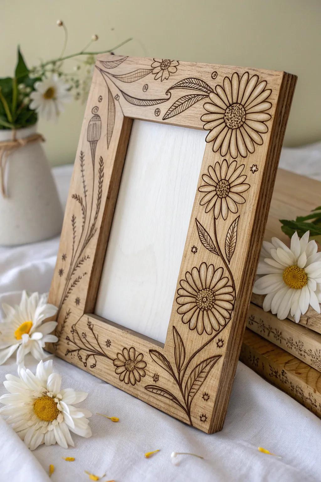 Embrace the charm of nature with this beautifully crafted floral wood-burned frame, perfect for adding a touch of elegance to any space.