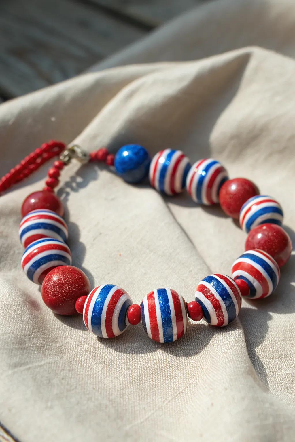Celebrate the 4th of July with a touch of elegance and boldness — handcrafted striped bead bracelet in patriotic hues.