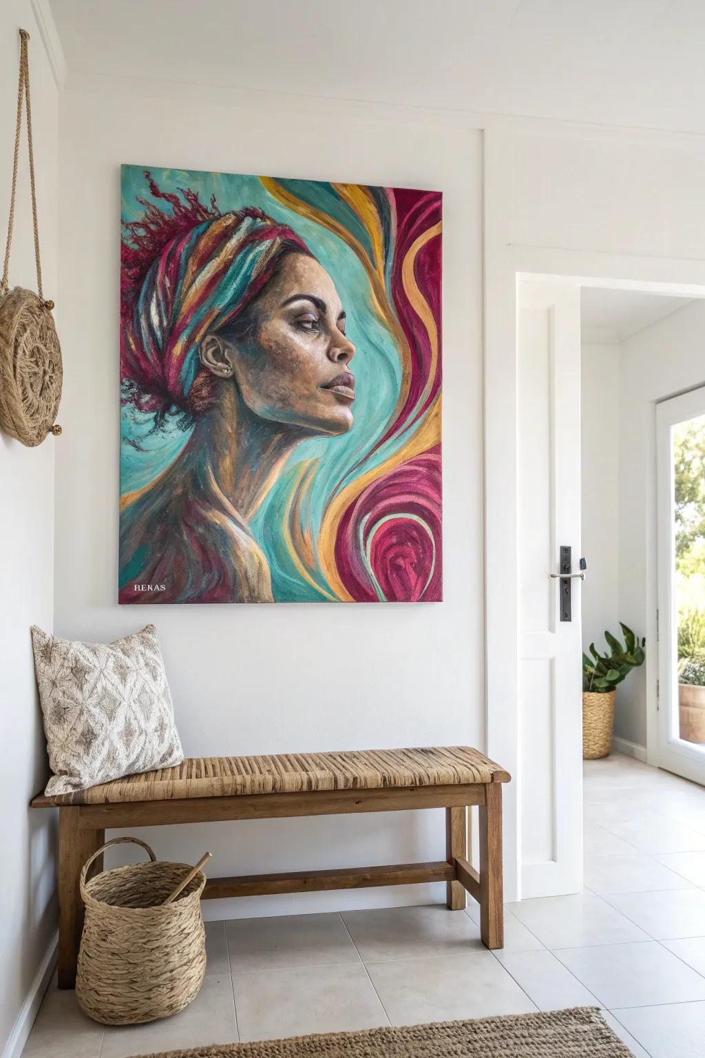 Dive into a world of color and abstraction with this striking acrylic portrait that brings bold creativity to any minimalist space.