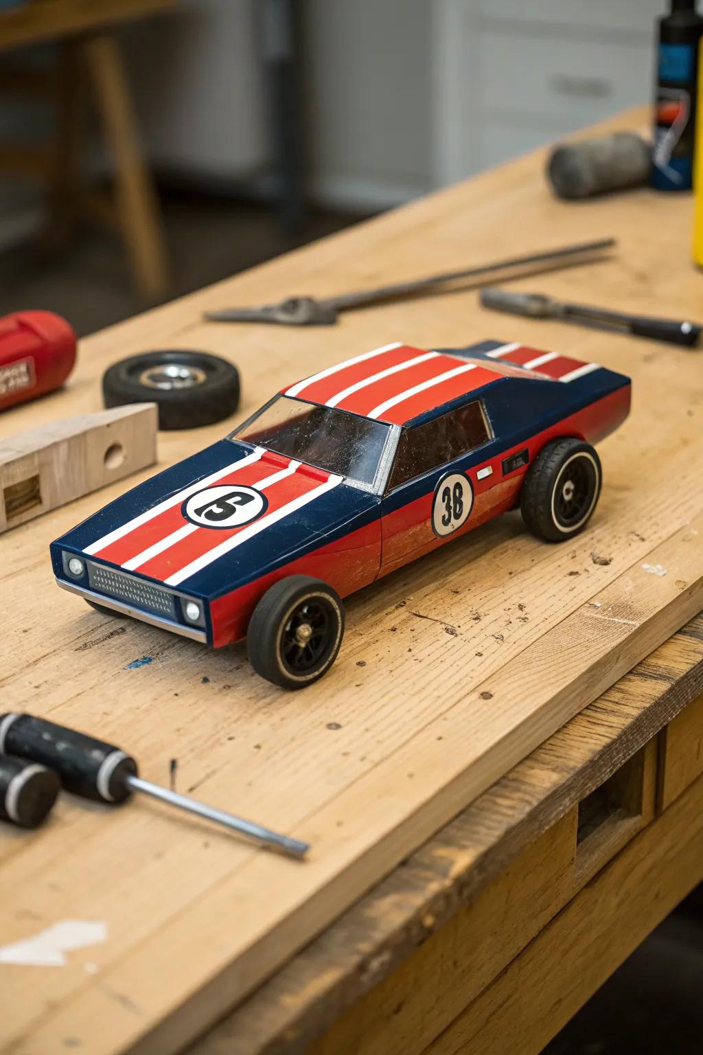 Revive the nostalgia with this retro classic pinewood derby car design, where bold colors meet timeless craftsmanship.