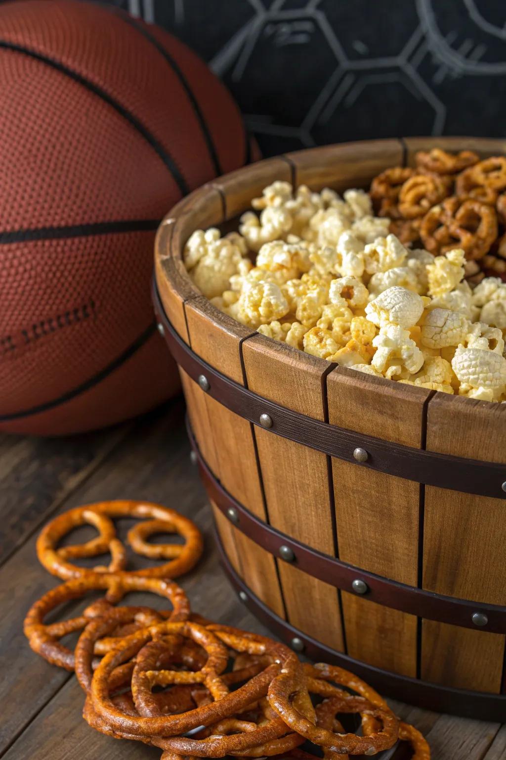 Bring the Game Day Experience Home with Iconic Basketball Snacks in a Handcrafted Basket.