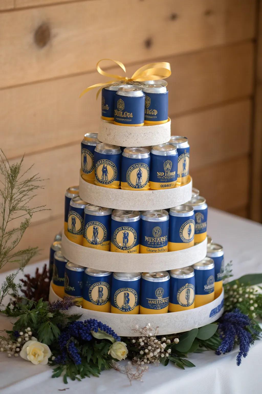 Elevate your celebration with a stunning themed beer cake tower, where minimalism meets bold team spirit!