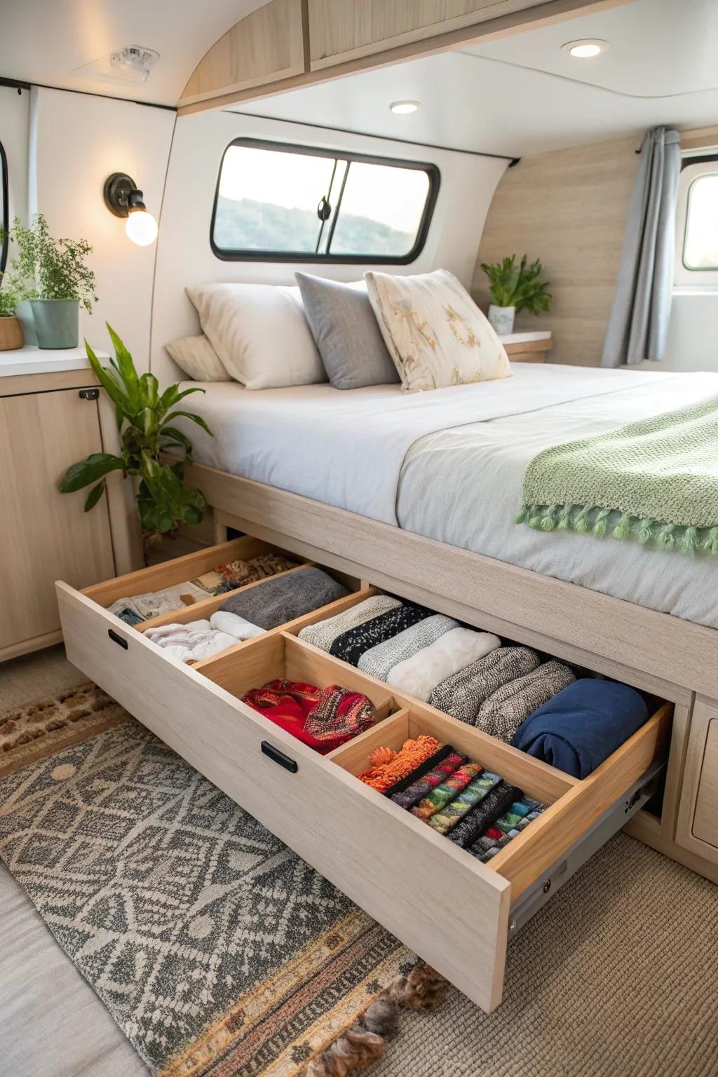 Unlock hidden space with stylish under-bed storage solutions for your camper!