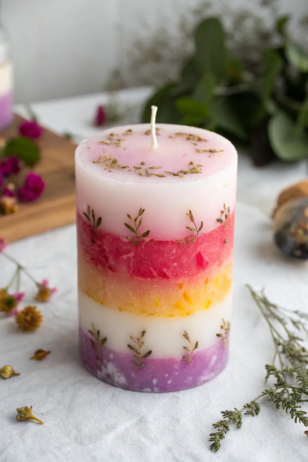 Ignite your creativity with this vibrant rainbow candle, a true masterpiece of color and elegance.