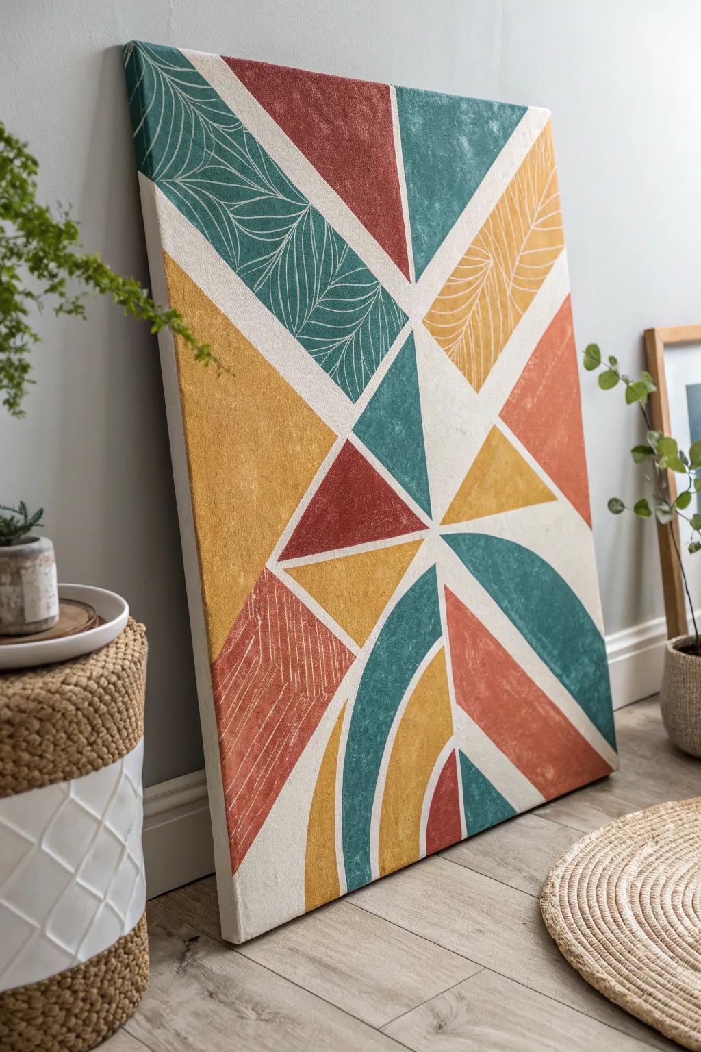 Embrace the dynamic dance of colors and shapes with this abstract stencil masterpiece, bringing a touch of bold elegance to your space.