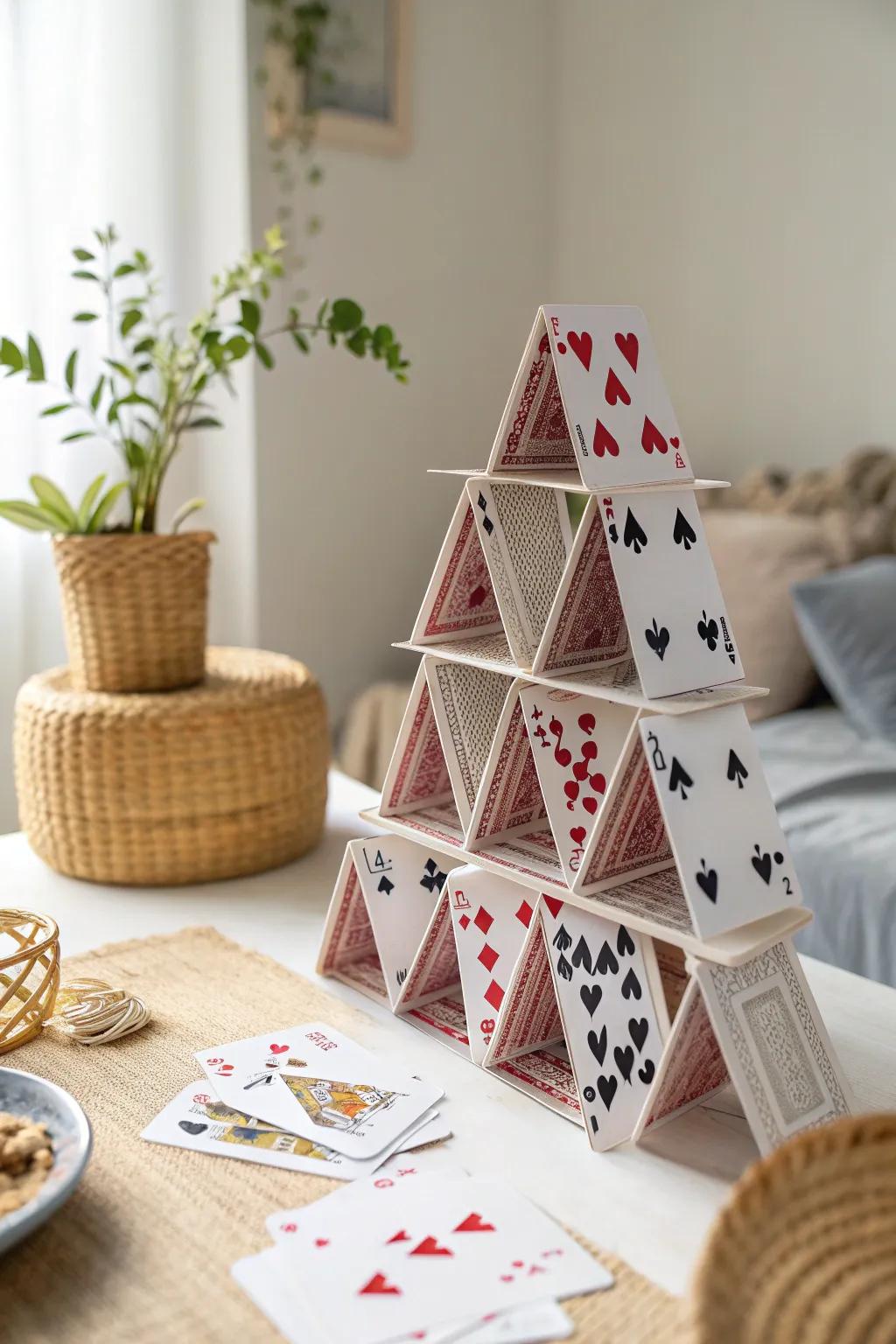 Discover the art of simplicity with this stunning card pyramid, where elegance meets craftsmanship.