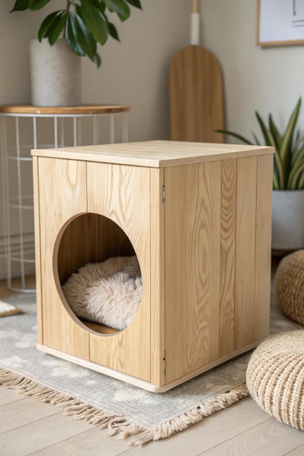 Elevate your space with a chic and functional wooden cat nook that blends seamlessly into your modern decor.