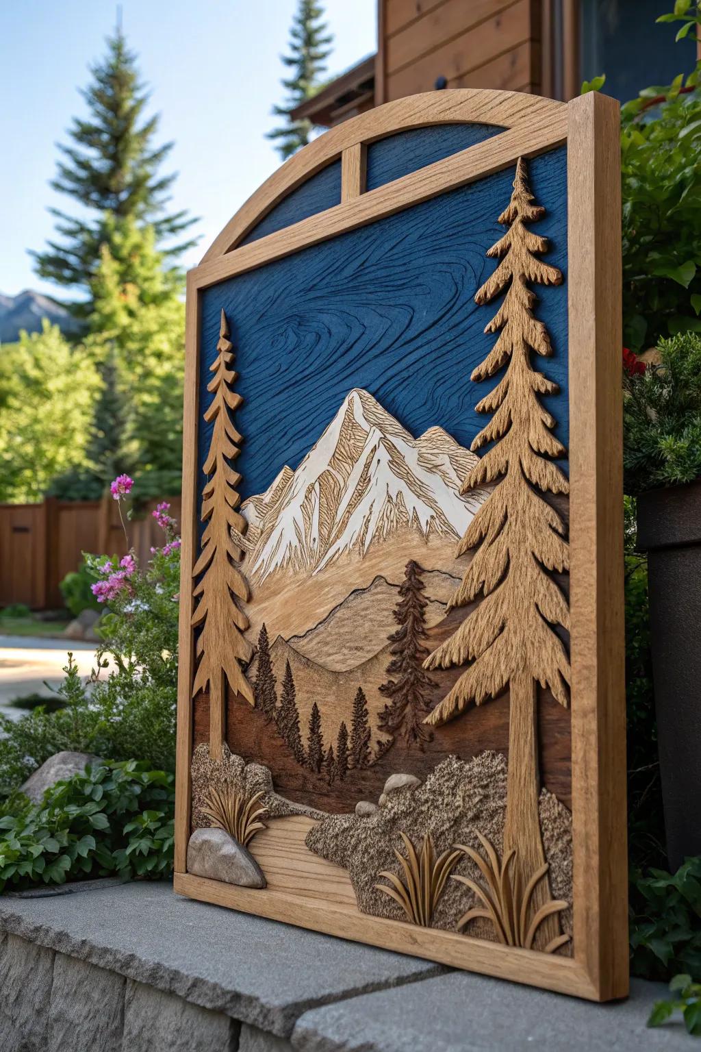 Elevate your outdoor space with this stunning, nature-inspired CNC sign that brings the tranquility of mountains and trees to your garden.