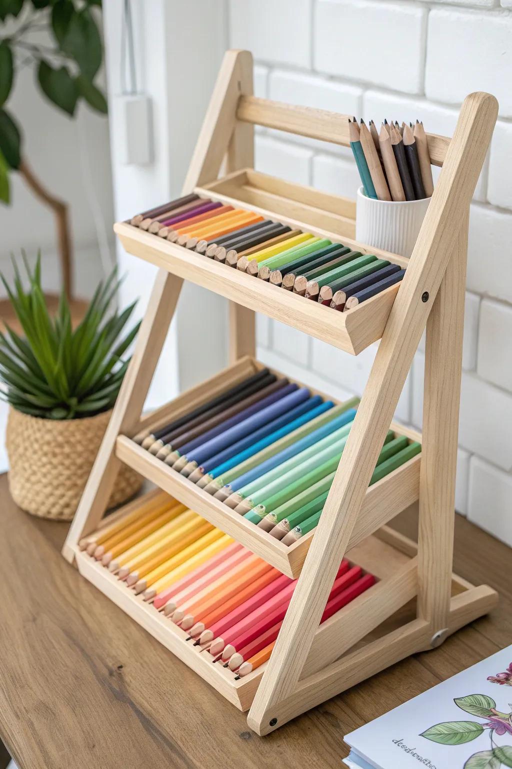 Elevate your creative space with this elegant multi-tiered pencil rack, where organization meets artistry.