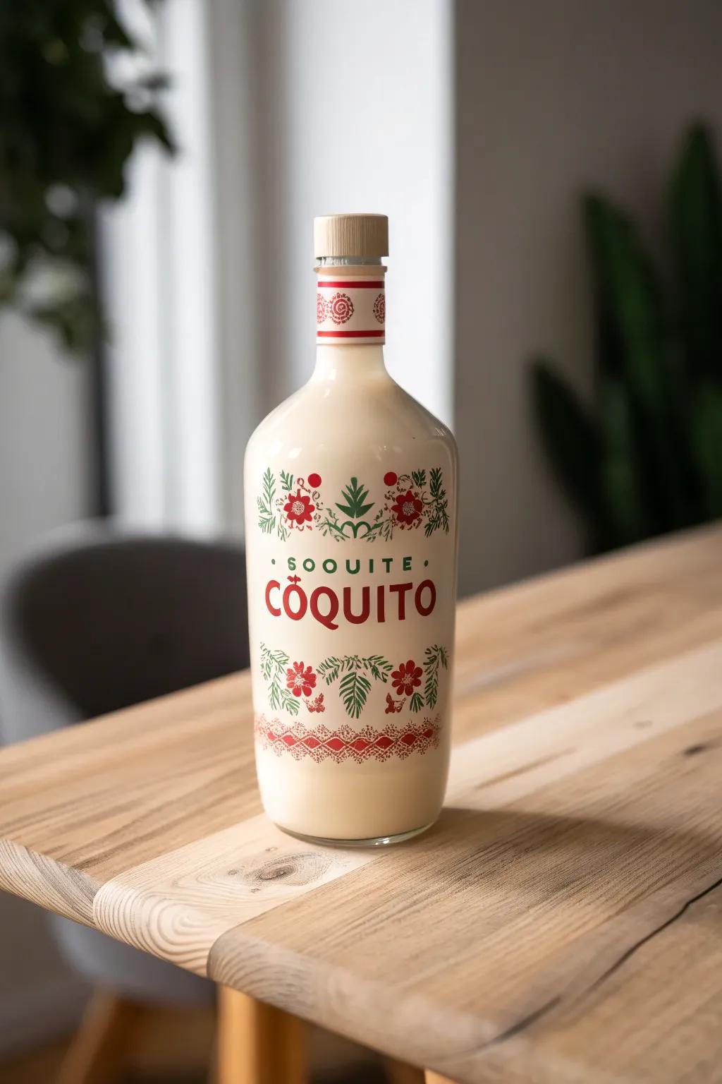 Elegant Festivity: A Coquito Bottle with a Minimalist Boho Label Design.