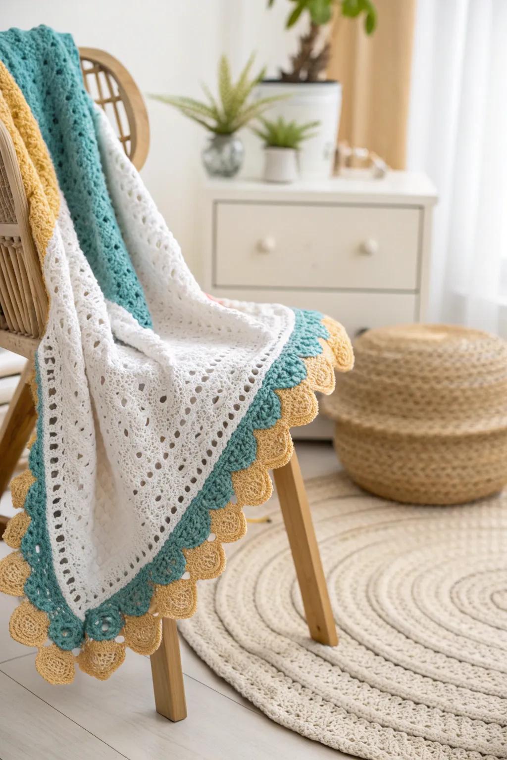 Add a touch of elegance to your nursery with this stunning lace-edged crochet baby blanket.