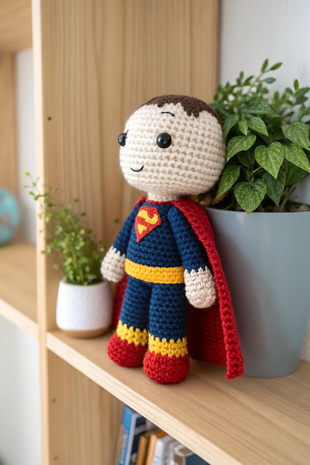 Handmade crochet superhero plushie: a blend of simplicity and bold color for playful adventures.