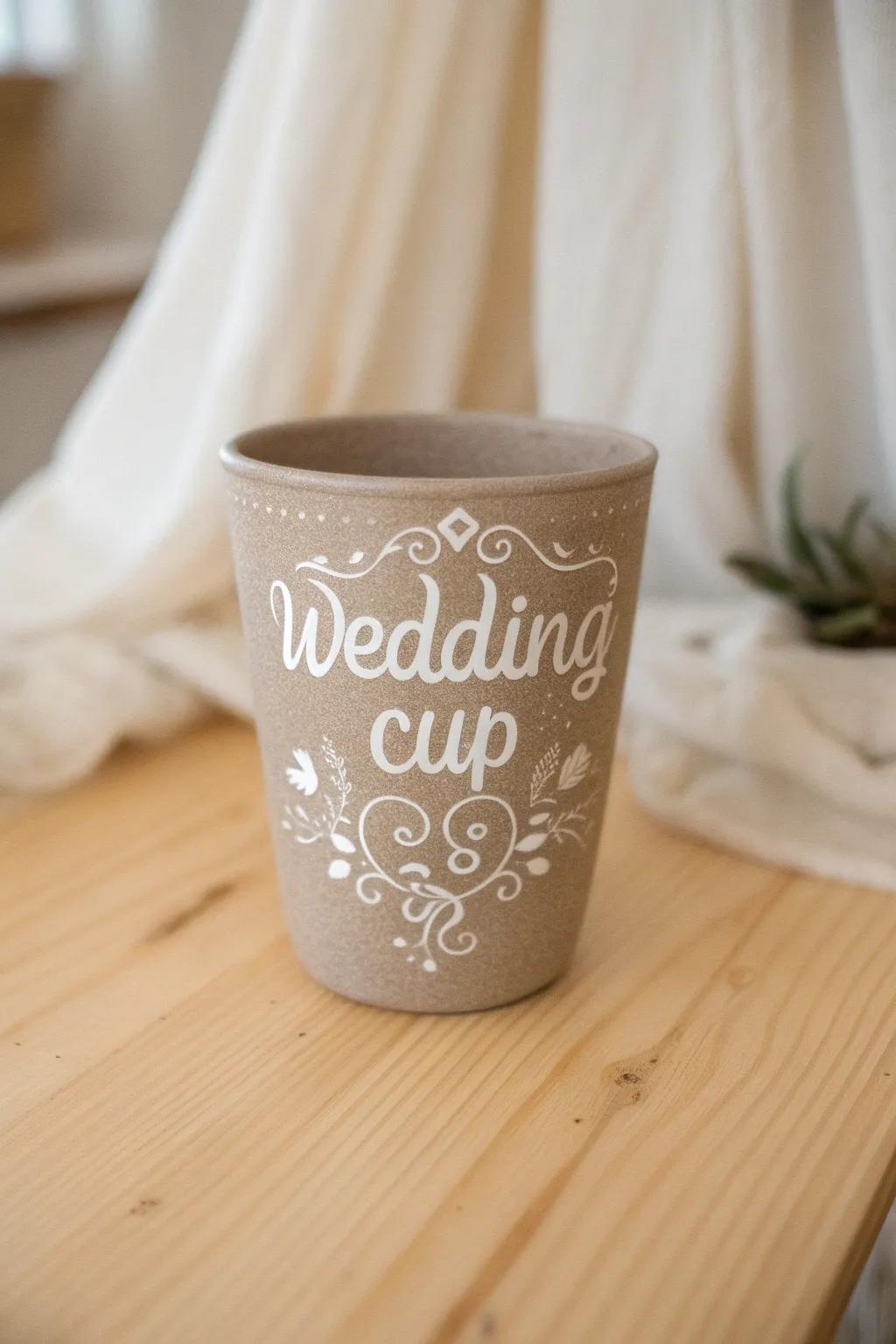 Add a touch of romance to your wedding with custom cups featuring whimsical script fonts. Perfect for a minimalist yet bold aesthetic.