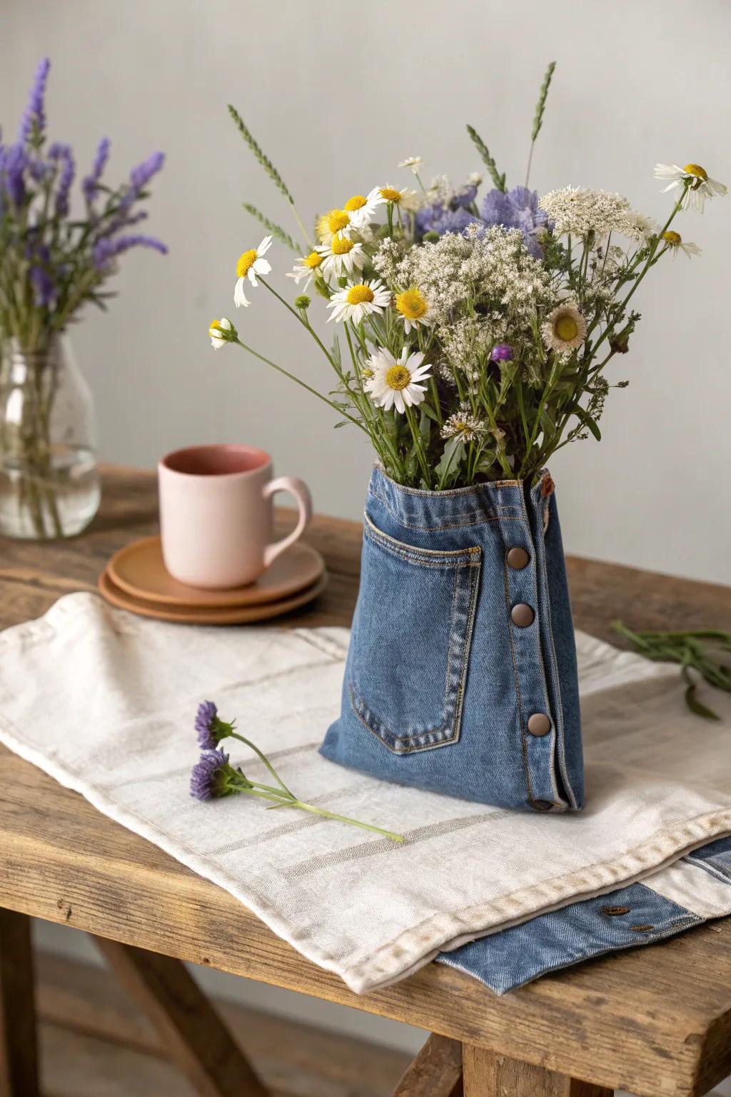 Upcycle with style: Denim pocket vases for a unique floral touch. 🌸💙 #ScandiBoho #CreativeCenterpiece